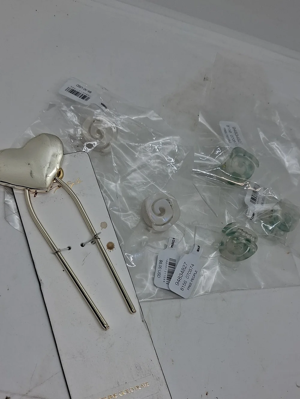 NWT Free People Gold Heart Hair Fork with 5 Cream & Green Spiral Hair Clips